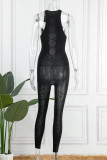 Black Sexy Hollowed Out Patchwork O Neck Skinny Jumpsuits