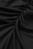 Black Sexy Solid Fold V Neck Asymmetrical Dresses