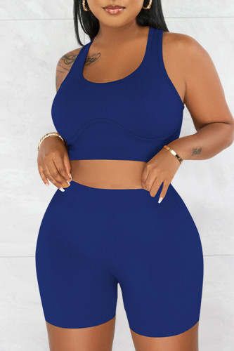 Dark Blue Casual Solid Patchwork U Neck Sleeveless Two Pieces