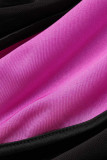 Roze sexy casual patchwork doorzichtige contrasterende O-hals twee stukken met lange mouwen