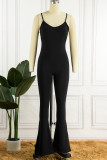 Black Sportswear Solid Patchwork Backless Slit Spaghetti Strap Skinny Jumpsuits