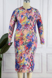 Цветная повседневная юбка с принтом в стиле пэчворк и круглым вырезом Платья больших размеров