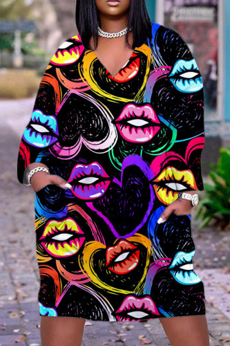 Black Purple Casual Print Basic V Neck Long Sleeve Dresses