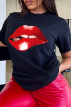 Camisetas con cuello en O de patchwork estampado de labios de calle negros