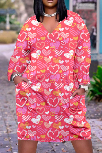 Deep Pink Casual Print Basic V Neck Long Sleeve Dresses