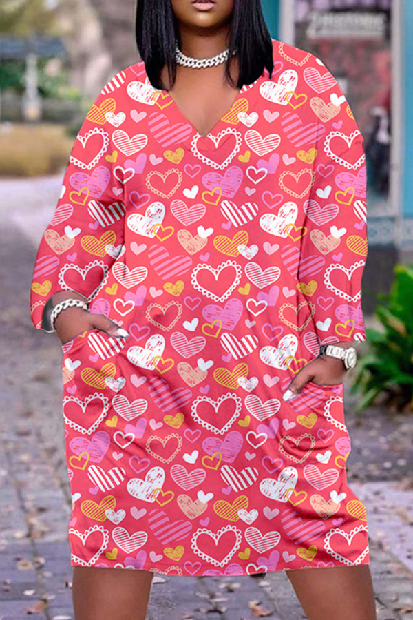 Deep Pink Casual Print Basic V Neck Long Sleeve Dresses