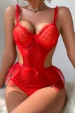 Rode sexy patchwork effen uitgeholde doorzichtige lingerie