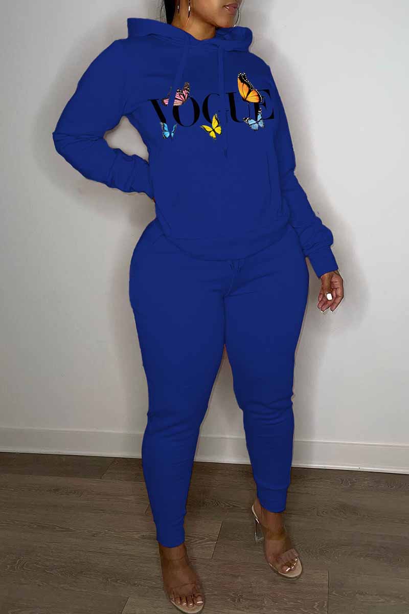 

Blue Casual Print Letter Hooded Collar Long Sleeve Two Pieces
