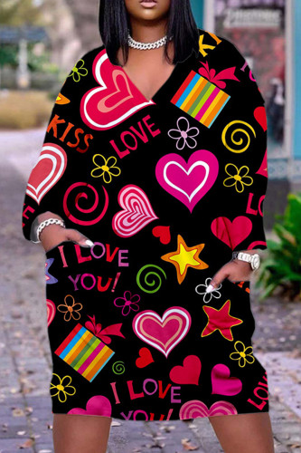 Black Pink Casual Print Basic V Neck Long Sleeve Dresses