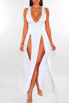 Weiße sexy feste Patchwork-Schlitz-V-Ausschnitt-lange Kleid-Kleider