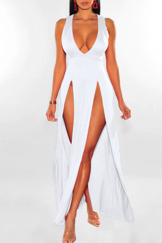 Weiße sexy feste Patchwork-Schlitz-V-Ausschnitt-lange Kleid-Kleider