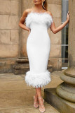 White Sexy Solid Patchwork Feathers Strapless One Step Skirt Dresses