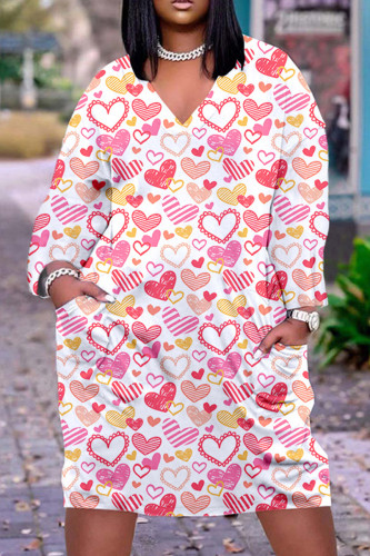 Powder White Casual Print Basic V Neck Long Sleeve Dresses