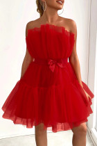 赤のセクシーでエレガントなソリッド パッチワーク ストラップレス プリンセス ドレス