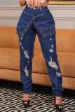 Jeans de mezclilla regulares de cintura media con botones de patchwork sólidos casuales azules