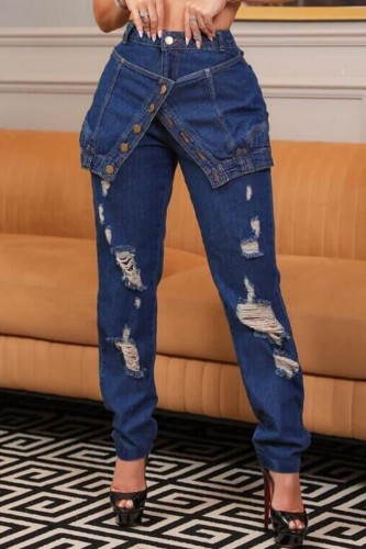 Jeans in denim regolari a vita media con bottoni patchwork casual blu