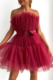 紫がかった赤のセクシーでエレガントなソリッド パッチワーク ストラップレス プリンセス ドレス