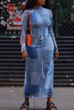 ブルー ストリート プリント パッチワーク ハーフ A タートルネック ワンステップ スカート ドレス