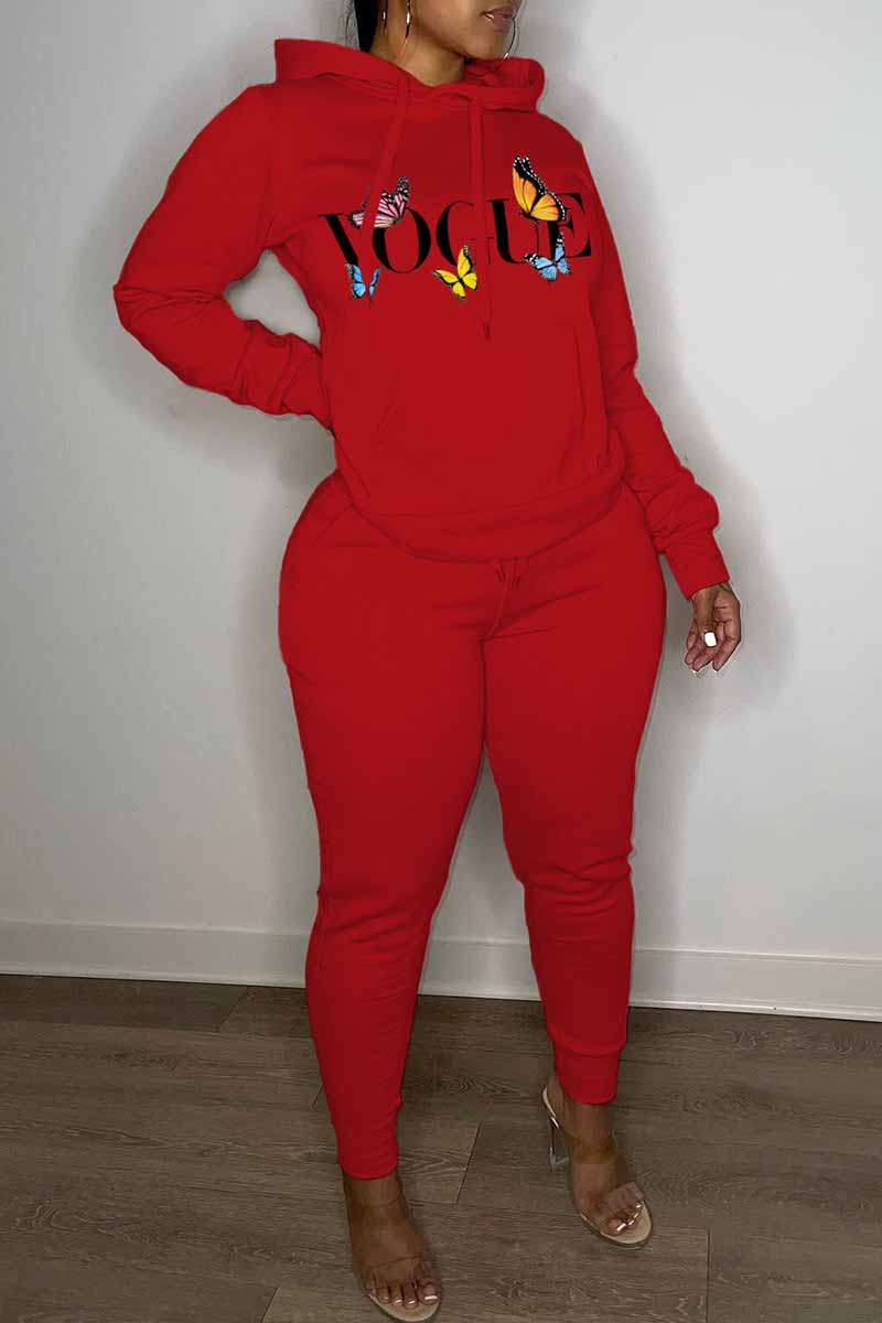 

Red Casual Print Letter Hooded Collar Long Sleeve Two Pieces