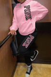 Pink Casual Letter Print Patchwork Basic Hooded Collar Long Sleeve Two Pieces