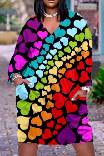 Fuchsia Casual Print Basic V Neck Long Sleeve Dresses