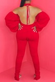 Pink Sexy Casual Solid Bandage Backless Halter Skinny Jumpsuits
