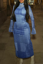 Blaue Patchwork-Kleider mit halbem Rollkragen und One-Step-Rock und Street-Print