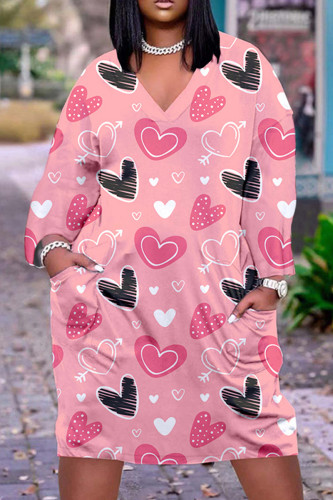 Light Pink Casual Print Basic V Neck Long Sleeve Dresses