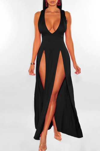 Zwarte sexy effen patchwork spleet v-hals lange jurk jurken