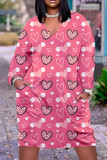 Black Pink Casual Print Basic V Neck Long Sleeve Dresses