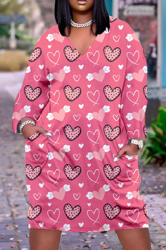 Pink Casual Print Basic V Neck Long Sleeve Dresses