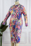 Kleur Casual Print Patchwork O Neck One Step Rok Grote maten jurken