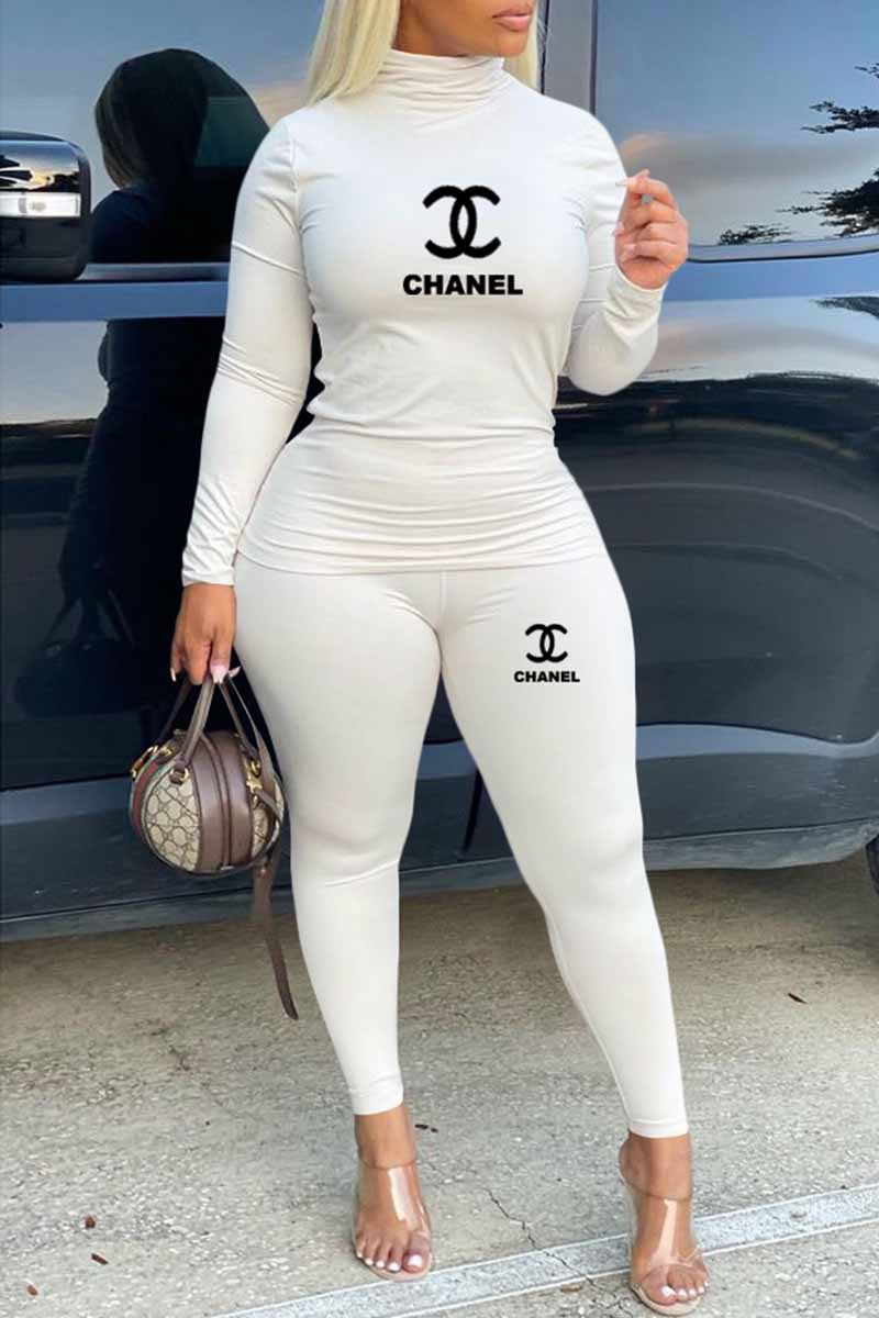 

White Casual Print Letter Turtleneck Plus Size Two Pieces