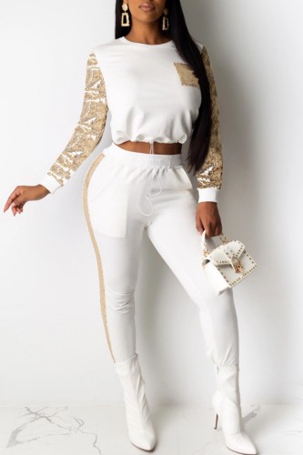 White Casual Patchwork O Neck Long Sleeve Two Pieces