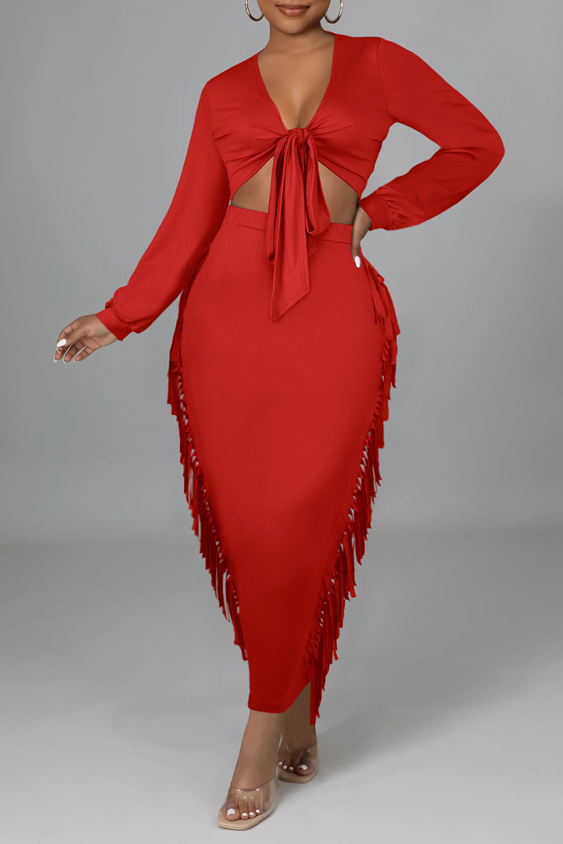 

Red Sexy Solid Tassel V Neck Long Sleeve Two Pieces