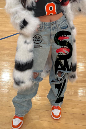 Light Blue Street Print Ripped Mid Waist Loose Denim Jeans