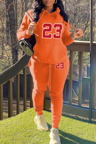 Orange Casual Letter Print Long Sleeve Hooded Collar Sweatshirt And Drawstring Pants Sportwear Plus Size Two Piece Jogger Set