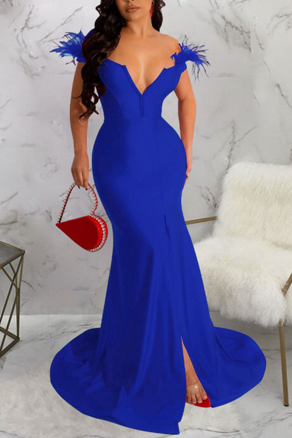 Красочные синие сексуальные однотонные лоскутные перья с v-образным вырезом вечернее платье платья
