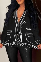 Black Casual Patchwork Cardigan V Neck Outerwear