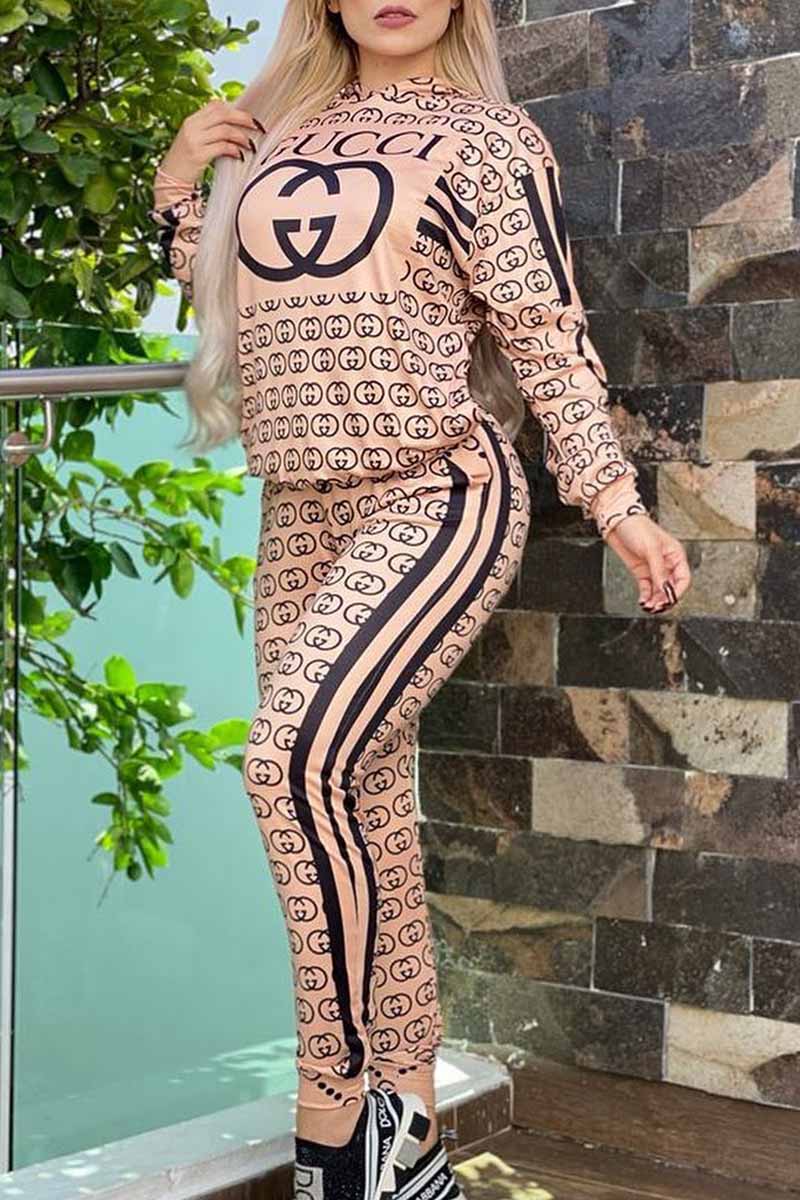 

Khaki Elegant Print Patchwork Letter Hooded Collar Long Sleeve Two Pieces