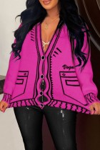 Rose Red Casual Patchwork Cardigan V Neck Outerwear