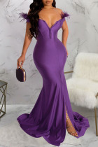 Фиолетовые сексуальные однотонные лоскутные перья с v-образным вырезом вечернее платье платья