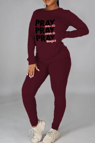 Burgundy Casual Print Patchwork O Neck Long Sleeve Two Pieces