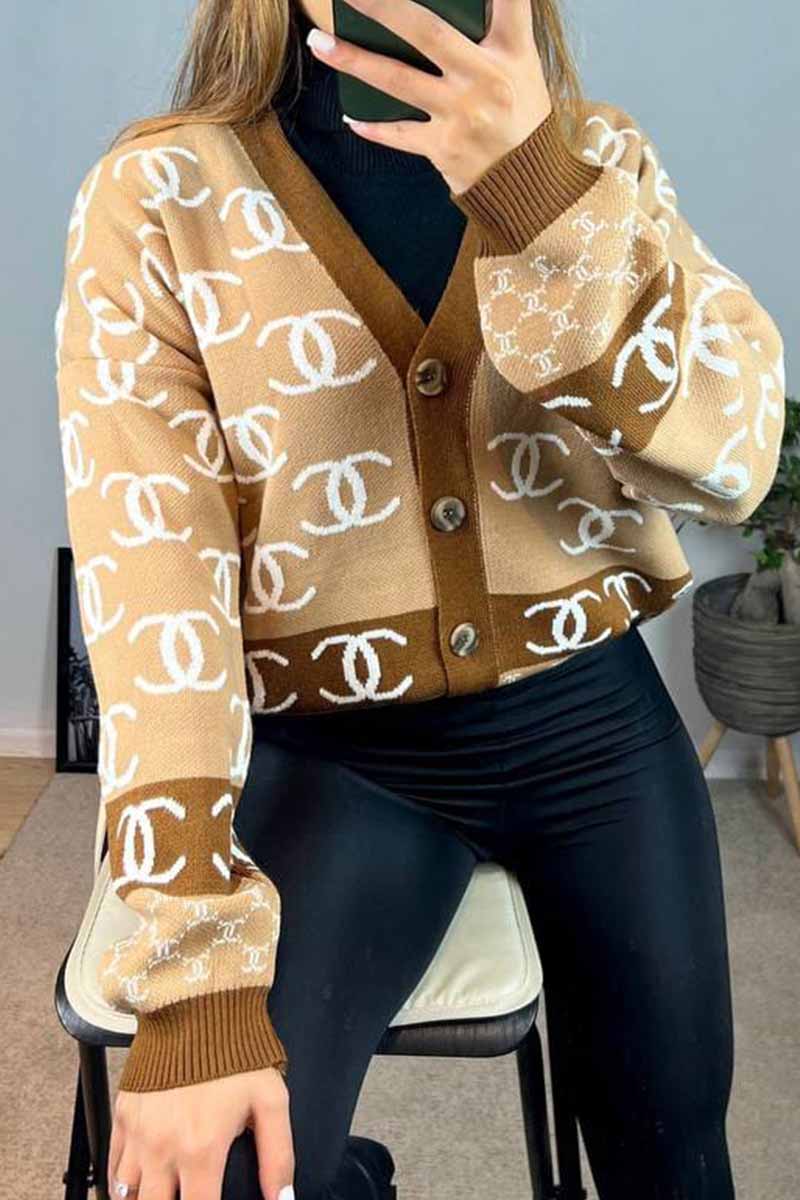 

Khaki Elegant Letter Patchwork V Neck Tops