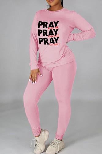 Pink Casual Print Patchwork O Neck Long Sleeve Two Pieces