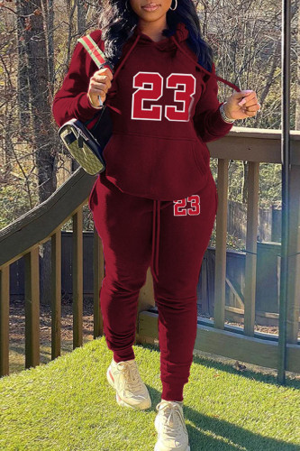 Burgundy Casual Letter Print Long Sleeve Hooded Collar Sweatshirt And Drawstring Pants Sportwear Plus Size Two Piece Jogger Set