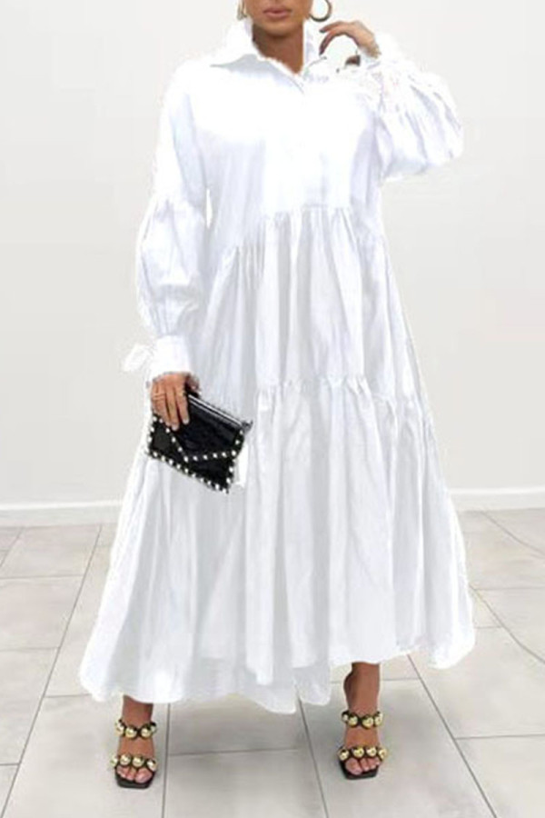 Branco Casual Sólido Patchwork com Fivela Dobra Gola Desligada Camisa Vestido Vestidos (Sem Cinto)