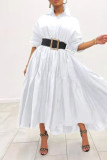 White Casual Solid Patchwork Buckle Fold Turndown Collar Shirt Dress Dresses(Without Belt）