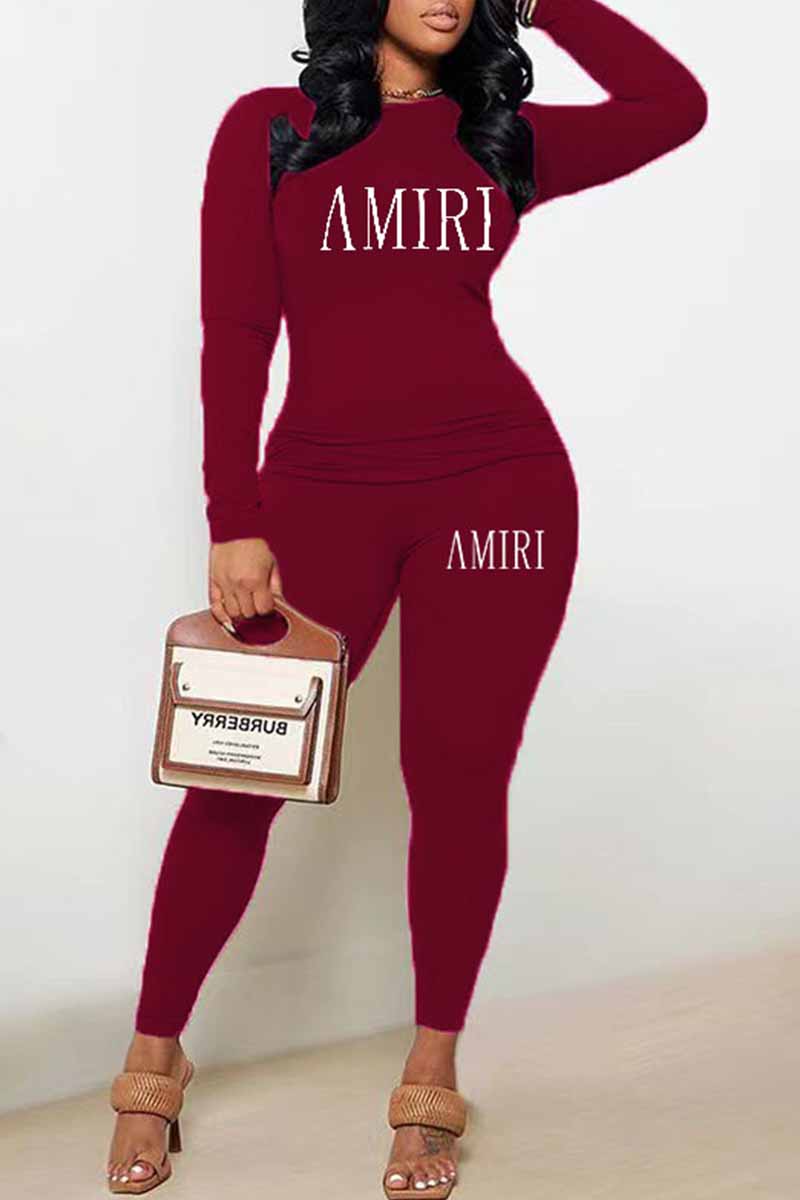 

Burgundy Casual Print Letter O Neck Long Sleeve Two Pieces