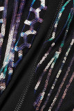 Noir Sexy Solide Paillettes Patchwork Transparent Demi-Col Roulé Une Étape Jupe Robes